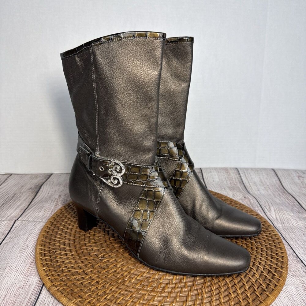Brighton Women's Boots Trance Nappa & Patent Croc Reptile Embossed Buckle 9.5
